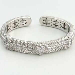 Judith Ripka Clear CZ Triple Heart Diamonique Heavy Silver Cuff Bracelet